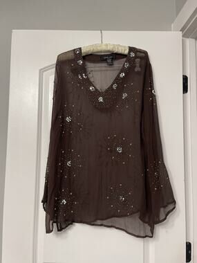 Donna Cody Silk 1X Brown Sheer Sequin Beaded V-Neck Blouse Top Whimsigoth Y2K
